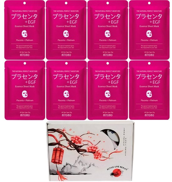 Acht verpakkingen van het Mitomo Placenta + EGF Essence Sheet Mask in een geschenkdoos met een rode lantaarn en takken met bloesems.
