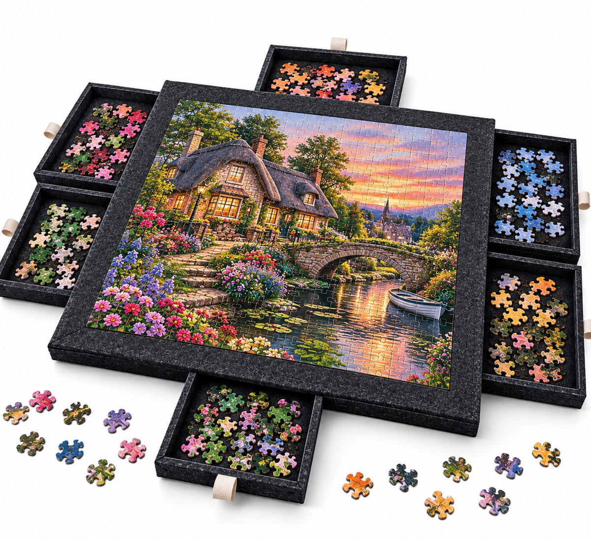 Currero Puzzeltafel Met Lades 1000 Stukjes - Puzzelbord - Puzzelmat - Opbergsysteem - Vilt - Met Deksel - Legpuzzel Accessoires - 1000 Pcs Zwart