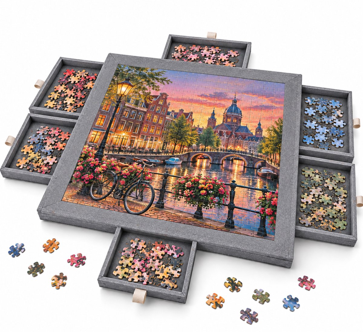 Currero Puzzeltafel Met Lades 1000 Stukjes - Puzzelbord - Puzzelmat - Opbergsysteem - Vilt - Met Deksel - Legpuzzel Accessoires - 1000 Pcs Grijs