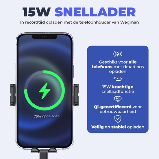 15W snellader in telefoonhouder van Wegman, met telefoon die 75% is opgeladen.
