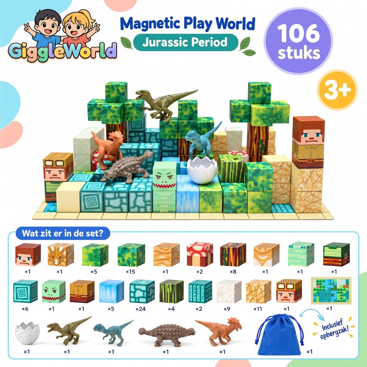 Giggle World® Magnetische Blokken 106 Stuks - Magnetisch Speelgoed - Magnetic Tiles - Magnetische Tegels - Montessori speelgoed - Magneten Speelgoed - Incl. Dinosaurusfiguren & Magnetische Speelplaat