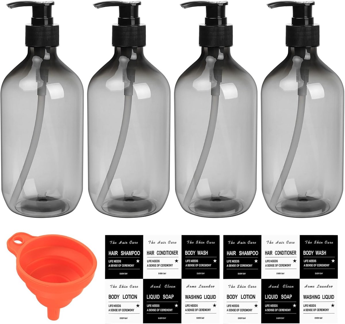 Zeepdispenser - Set van 4 - 500 ml - Kunststof - Luchtdicht - Herbruikbaar - Zwart