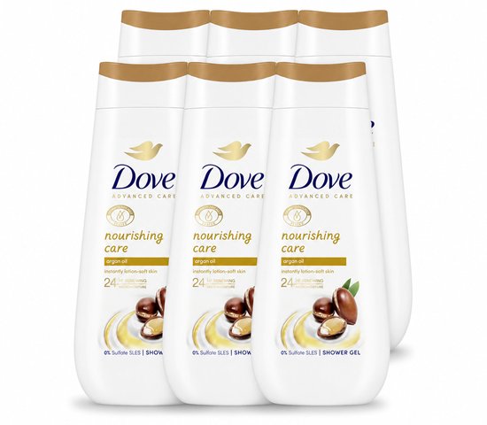 6x Dove Nourishing Care douchecrème met arganolie, voor direct zachte huid. 24h renewing micromoisure.