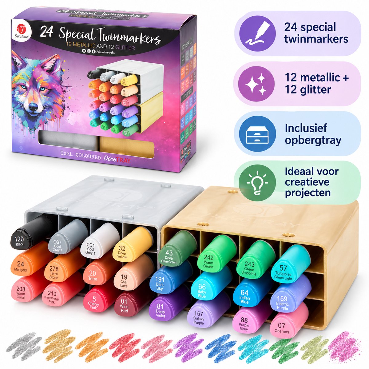 DecoTime 24 Special Twinmarkers - 12 Metallic & 12 Glitter Markers - Inclusief 2 Opbergtrays - Creatieve Stiften voor Tekenen, Kleuren & Handlettering