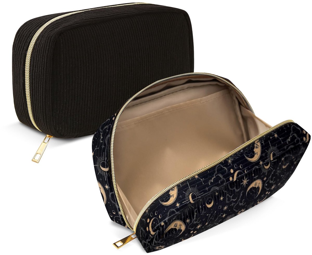 Elzusha - Corduroy make-up zakken - Cosmetische organizer - Zwart+maan, 2 stuks