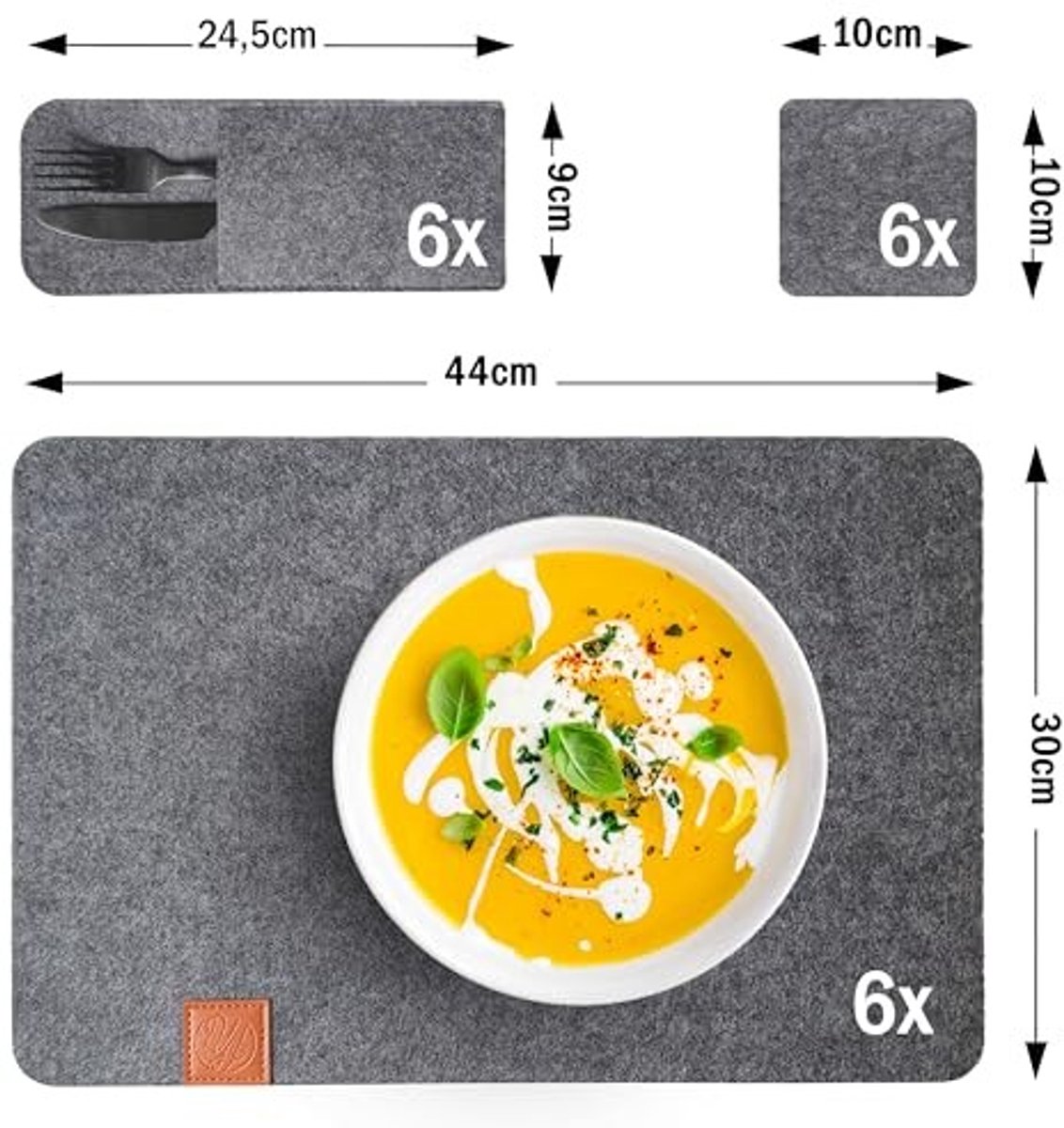 Elzusha - Vilt placemat set voor 6 personen - 18-delig - Zwart