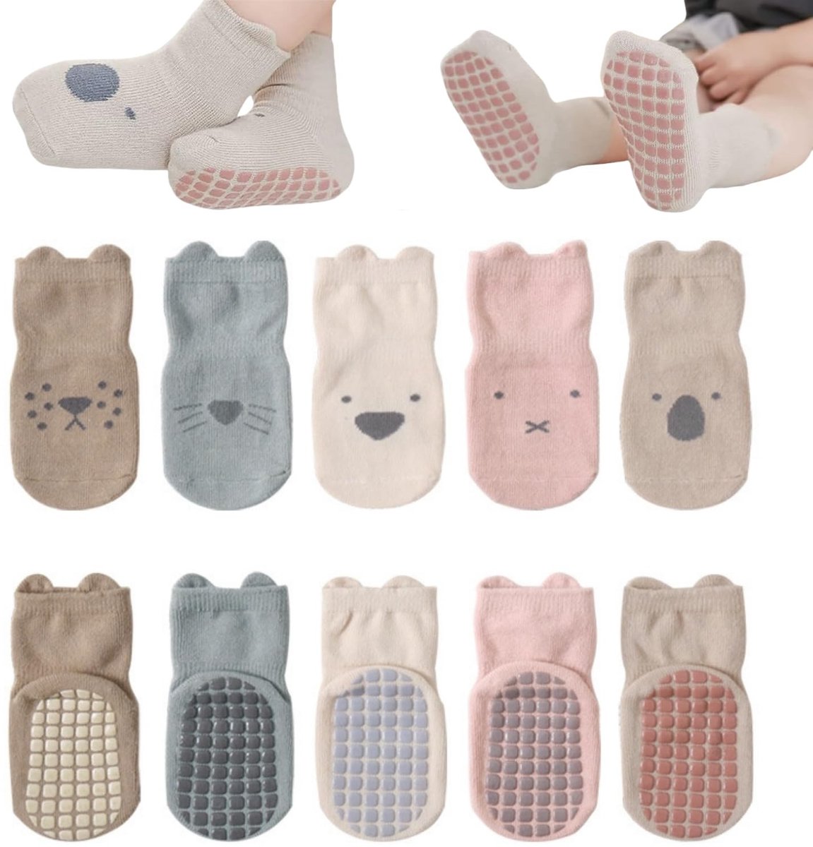 Elzusha - Baby Sokken - 5 Paar Antislip Katoen met Dierlijke Patronen