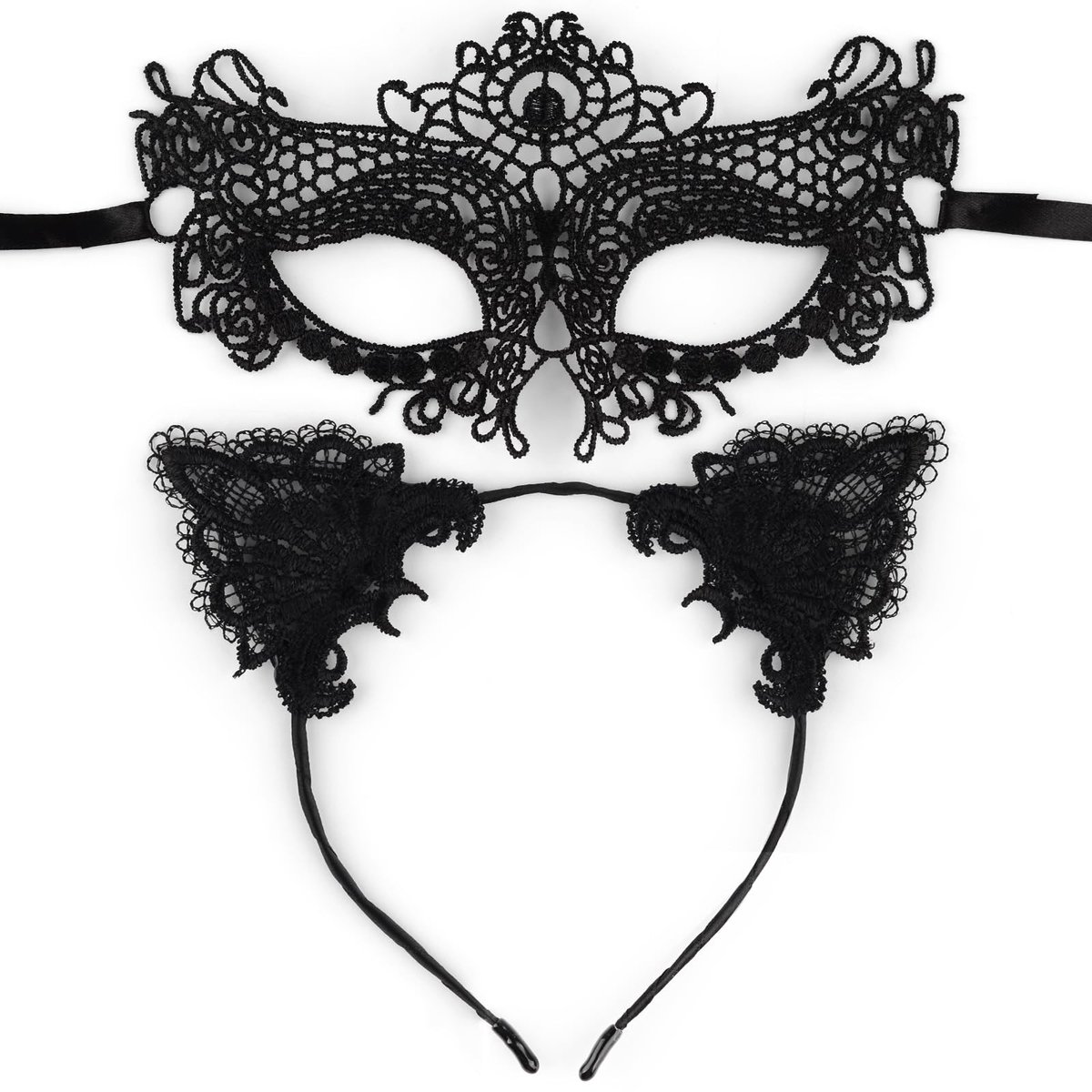 Elzusha - Cat Ears Hoofdband met Venetiaans Masker - Zwart