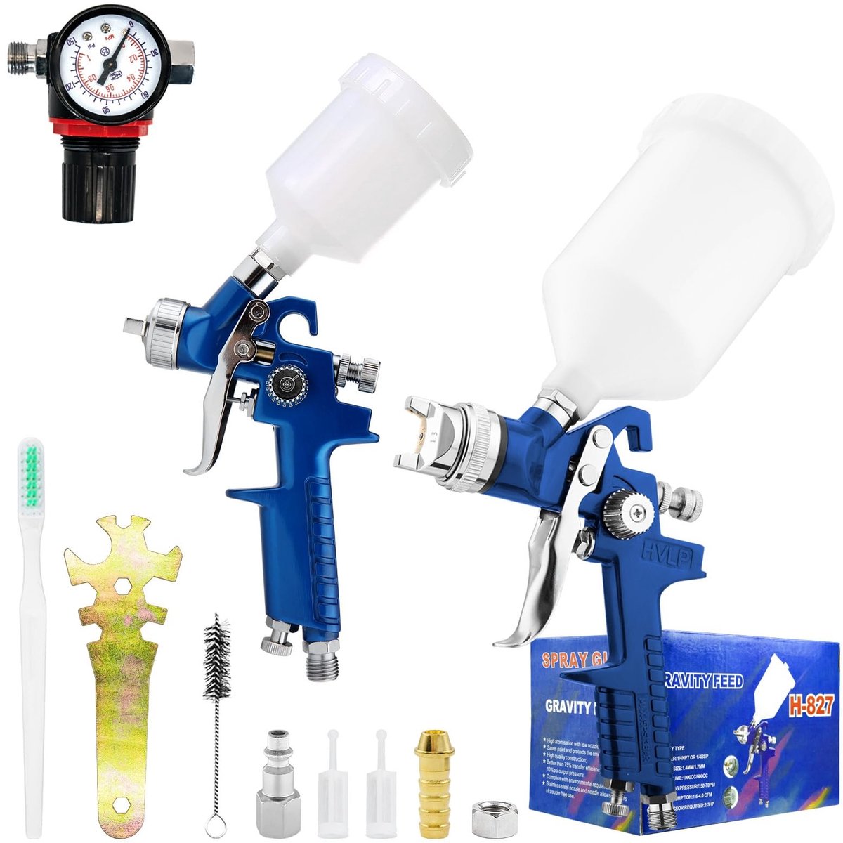 Elzusha - 2-in-1 Verfspuit - 0.8mm en 1.4mm nozzles met 125ml en 600ml beker - Blauw