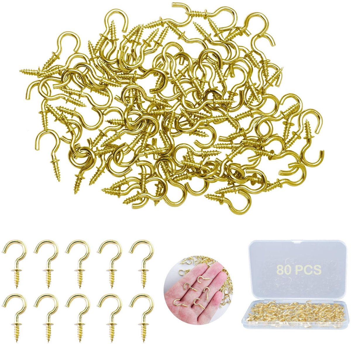 Elzusha - Gouden Metalen Schroefhaken - 80 Stuks 1/2 Inch