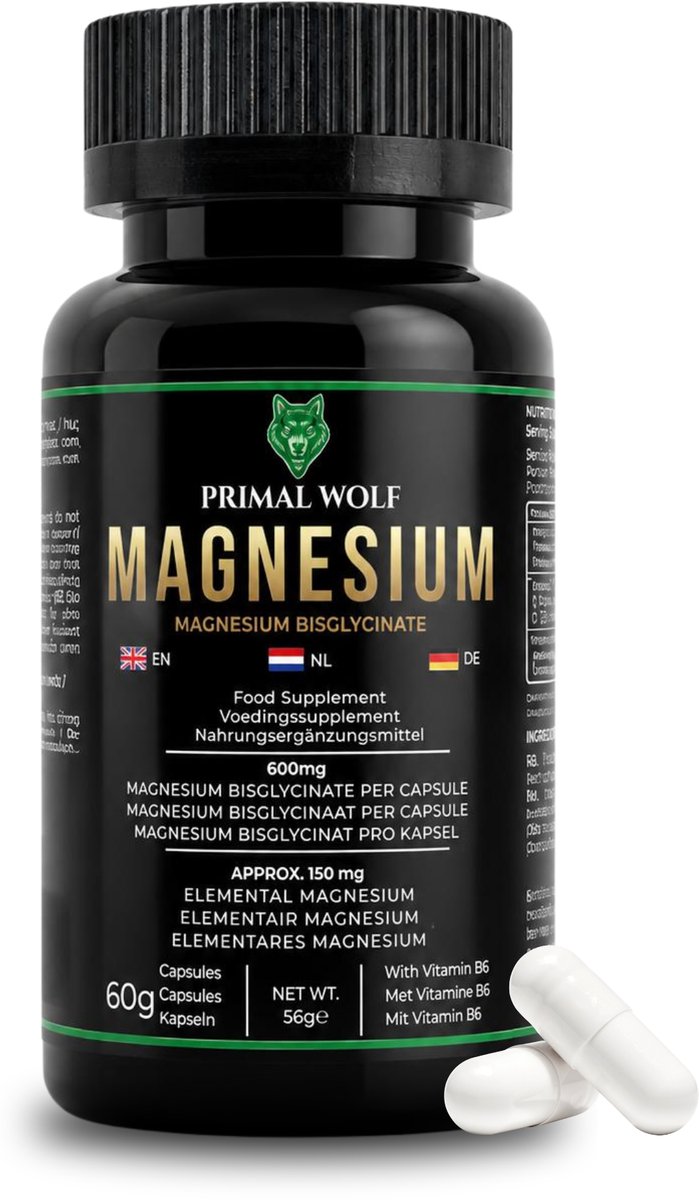 Primal Wolf® Magnesium Bisglycinaat + Vitamine B6 – Hoog Opneembaar Mineraal Complex – Spieren, Zenuwstelsel & Nachtrust – 60 Capsules (30 tot 60 Dagen)