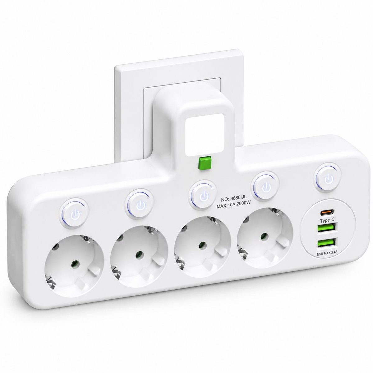 Stekkerdoos met 4 Stopcontacten / Wandcontactdoos met Individuele Schakelaars / Stopcontact Splitter met 2 USB-A & 1 Type-C Poort / 10A Snellader voor Smartphone / 2500W Overbelastingsbeveiliging / Wit Muurstopcontact voor Thuis, Kantoor en Keuken