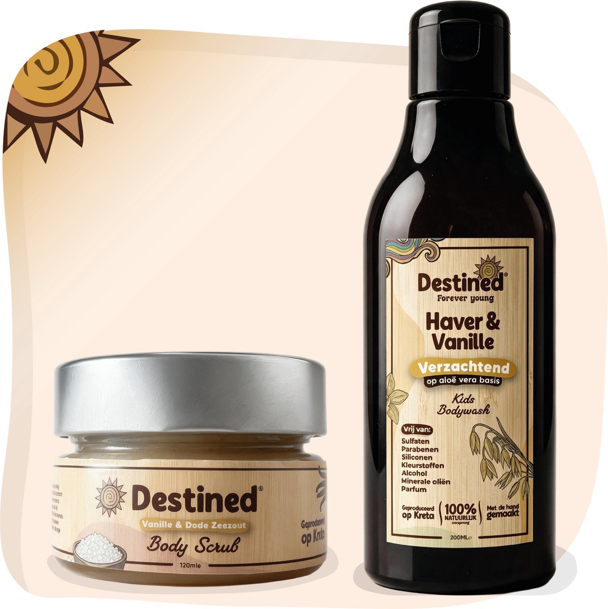 Destined® Haver & Vanille Bodywash + Vanille & Dode Zee Zout Bodyscrub Bundel - Reinigt & Verwijdert Dode Huidcellen - Zonder Sulfaten & Parabenen - Flower Power Skincare Serie - 100% Natuurlijke Afkomst & Handgemaakt in Griekenland - 200ml + 120ml