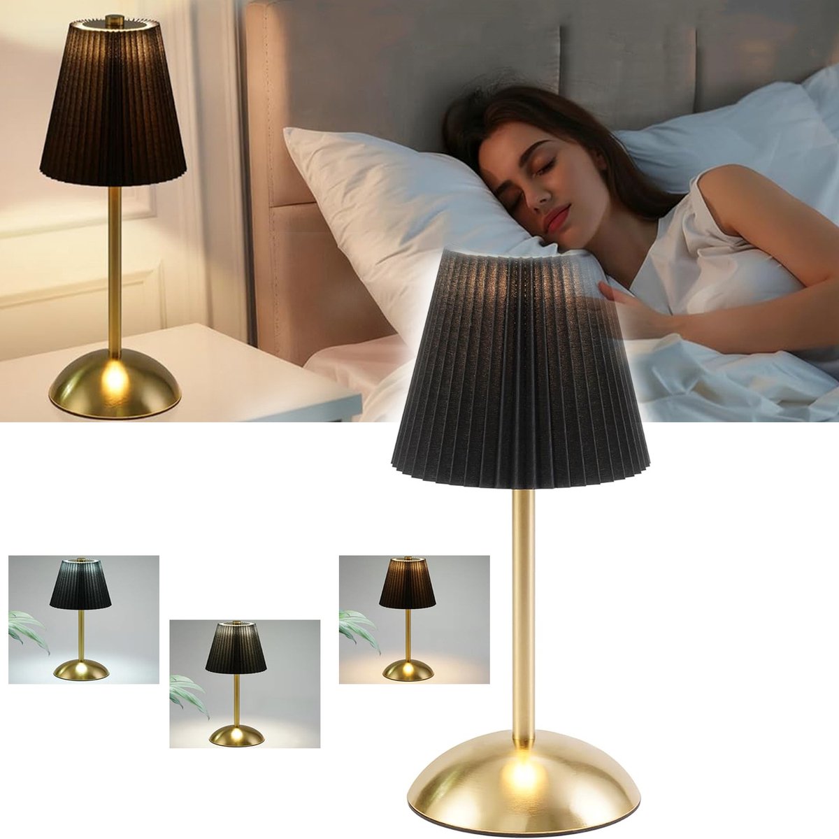 Oplaadbare Tafellamp, Draadloze Tafellamp Met 3 Dimbare Kleuren, Decoratieve Draagbare Lamp, Bureaulamp Met Stoffen Kap.