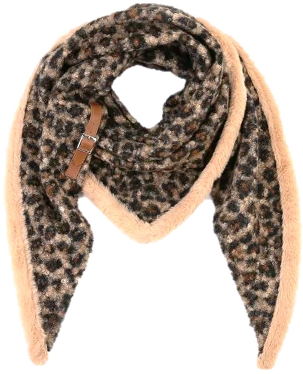 Omslagdoek-Sjaal-Groot-Driehoeksjaal-Stola-Panter-Grof teddy- Riempje-190x80 cm-Camel