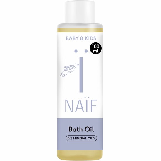 Fles badolie voor baby en kinderen, 100 ml. Met een afbeelding van een vogeltje en de tekst 'NAÏF Bath Oil'.