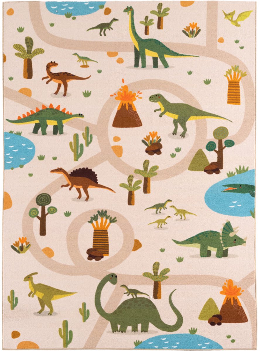 Moonay Kids kinderkamer vloerkleed - Dino dun tapijt 8 mm - Antislip - Beige - 120x170 cm