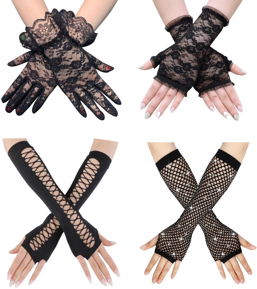 Elzusha - Vingerloze Kant Handschoenen - Set van 4 Paar - Zwart