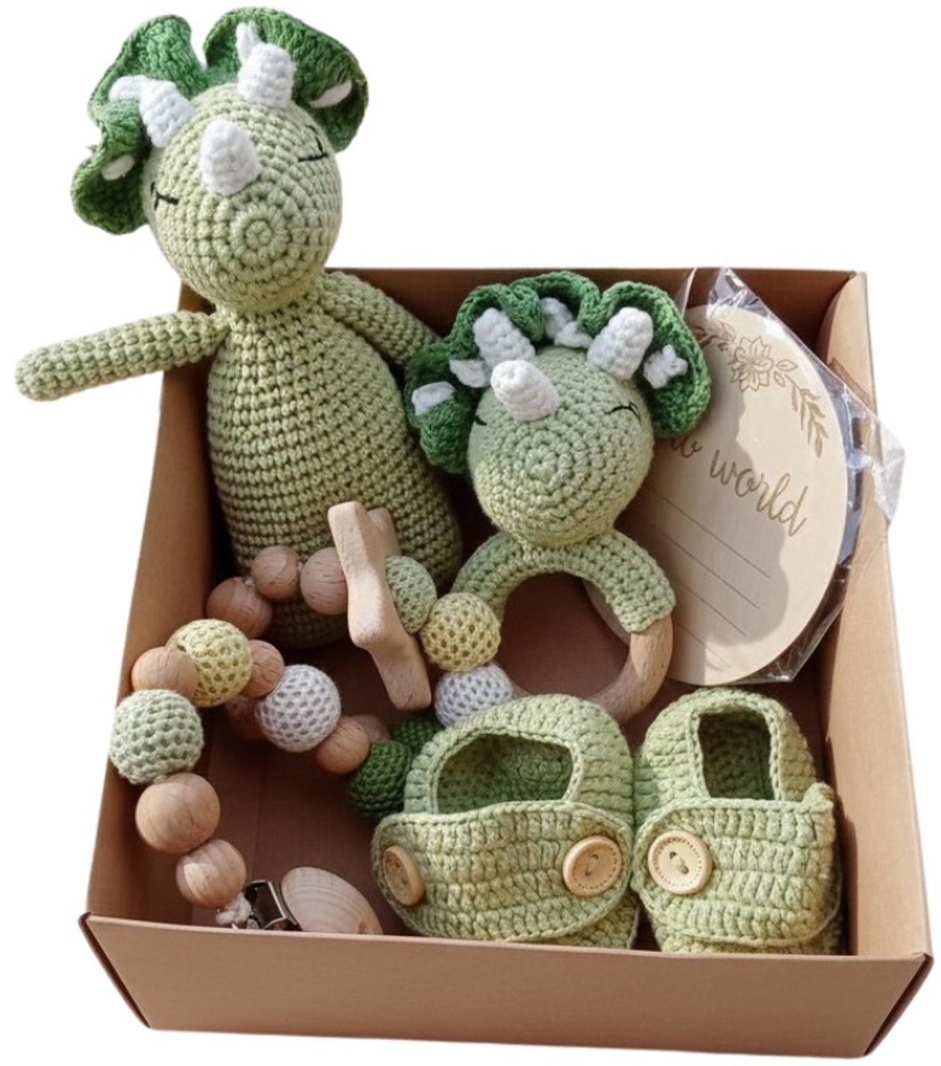 Nuvinokids® Kraamcadeau Jongen Dino - 6-delige Babyset 100% Katoen - Handgemaakt Geboortecadeau - Babyshower - BPA Vrij