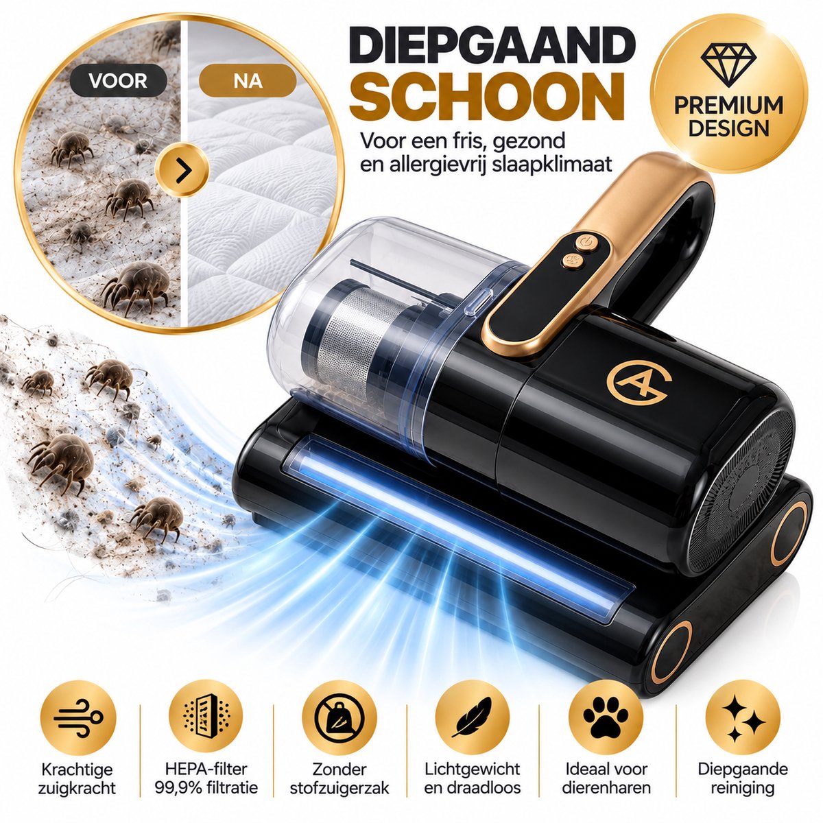 AG370 Matrasreiniger Draadloos – Huisstofmijt Stofzuiger – Bank & Matras Reiniger – Bed Stofzuiger – Tapijt Reiniger – HEPA Filter – Zonder Zak – Black Gold