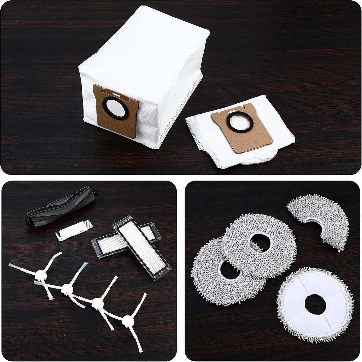 Accessoire set voor robotstofzuiger met hoofdborstel, filters, mopdoeken en zijborstels, inclusief schoonmaakborstel en stofzakken