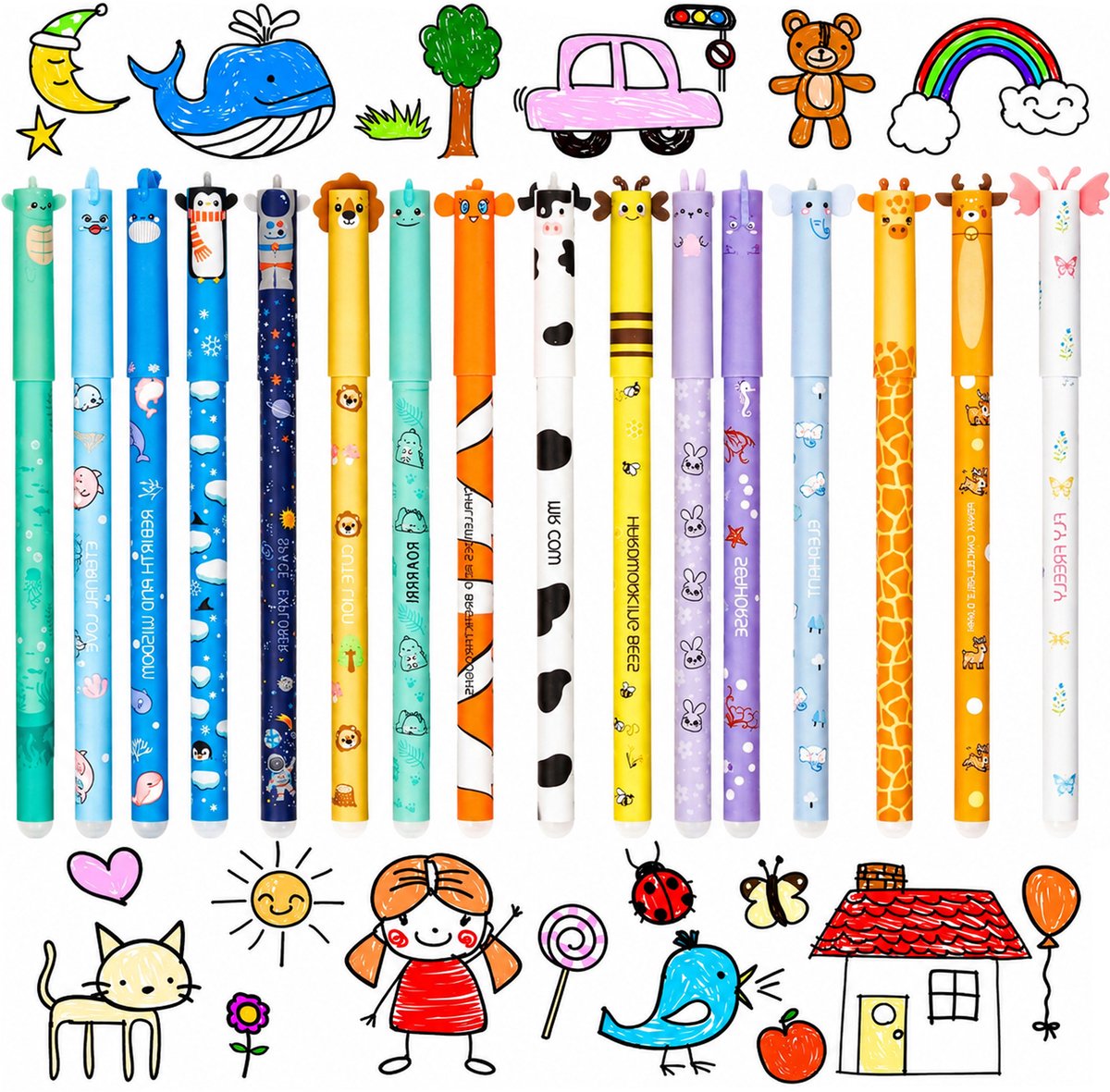 Kaiyaya - 16 stuks Uitwisbare gelpennen - Dieren ontwerp met gum - Schattige cartoon stijl - 0,7 mm punt - Voor school en kantoor, 16 kleuren