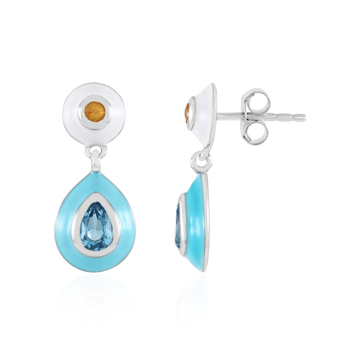 Cavill - Elegante Oorbellen 925 Sterling Zilver Geplatineerd - Blauwe Peervormige Topaas 0,86 ct & Oranje Saffier 0,16 ct - Dames