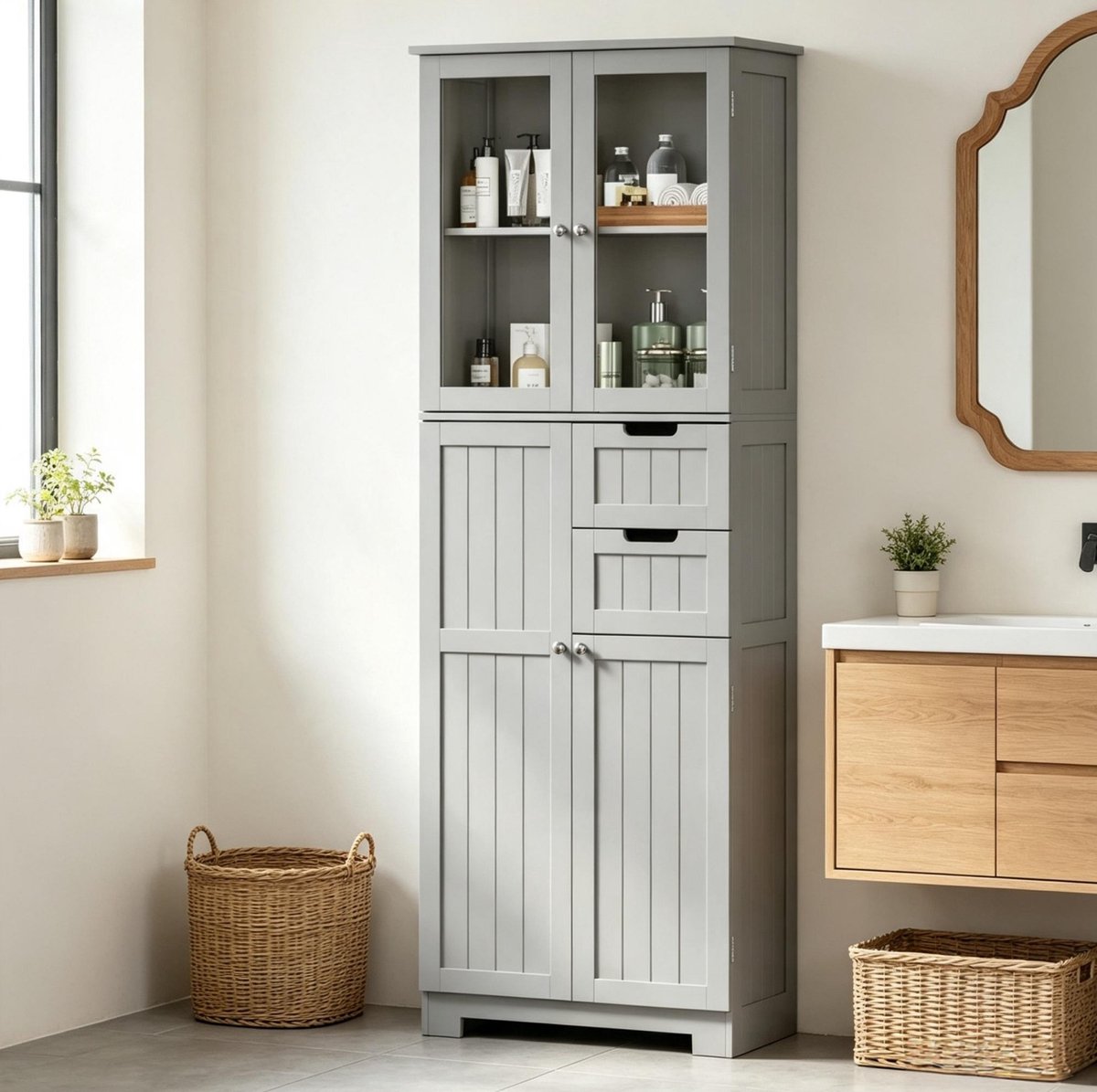 REDOM - Badkamerkast - Vrijstaand - 4 deuren - 2 glazen deuren - 2 lades - Verstelbare legplanken - MDF en glas - Grijs - 60 x 30 x 170 cm