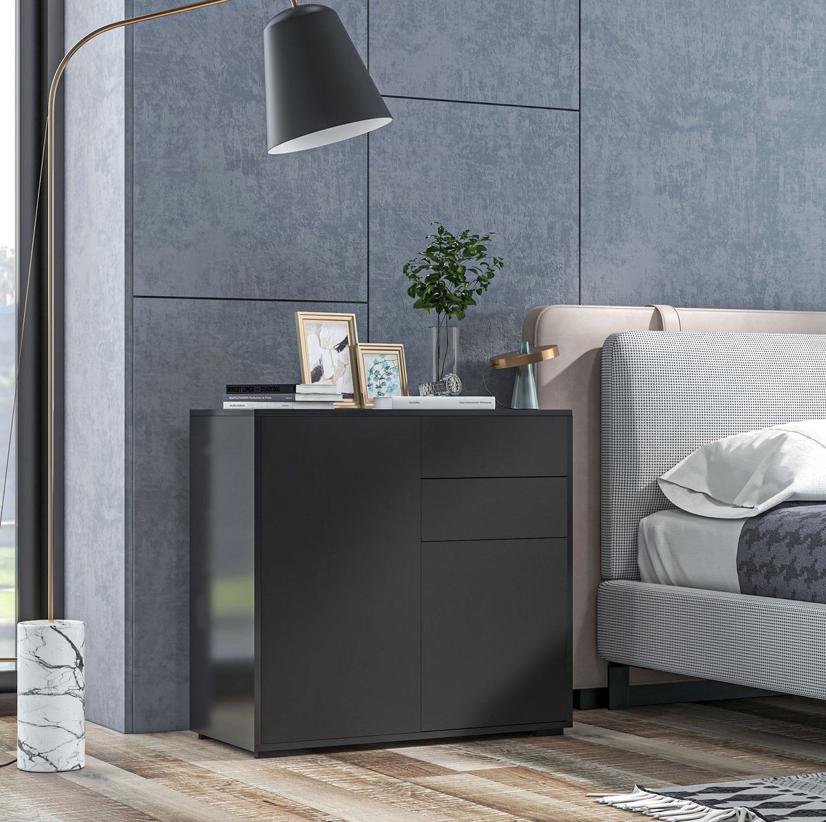 MODFU Dressoir Met 2 Laden En 2 Deuren - Verstelbare Plank - Zwart - 79 X 36 X 74 Cm