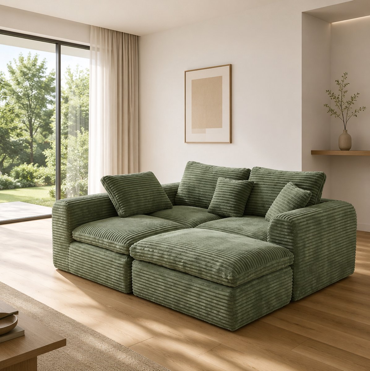 REDOM - Hoekbank - 3-zits - Modulaire 3-delige L-vorm - Slaapfunctie - Corduroy bekleding - Woonkamer - Stof - Groen - 280 x 180 x 65 cm