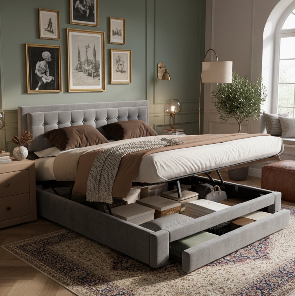 REDOM - Tweepersoonsbed - Gestoffeerd bed - Verstelbaar hoofdbord - Opbergruimte met hydraulische stangen en lades - Europese stijl - Slaapkamer - Stof - Grijs - 180 x 200 cm