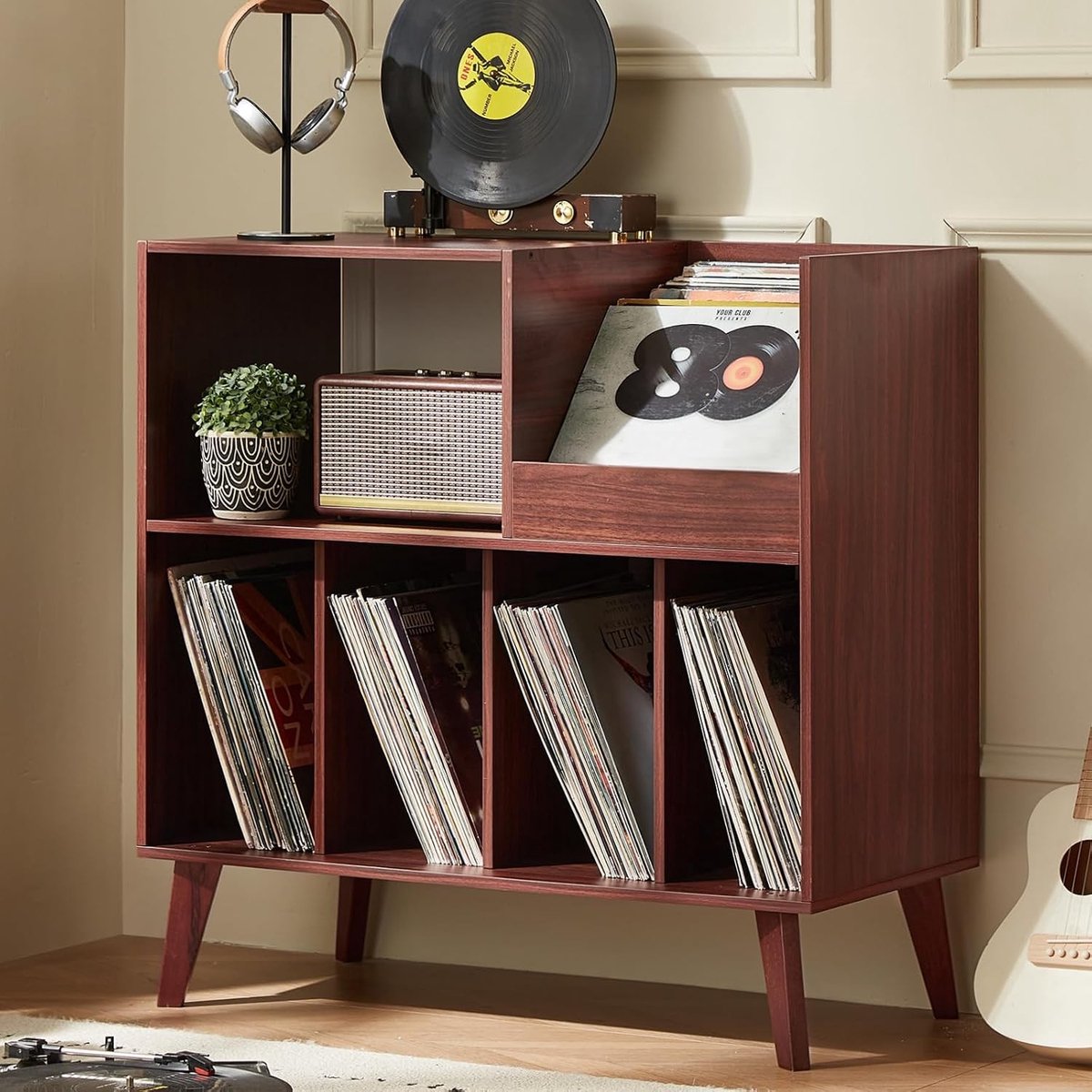 Grote Platenstandaard met Opslag - Walnoot - 80 x 40 x 82,5 cm - Houten Platenrek met Presentatievlak - Voor Vinylverzamelaars