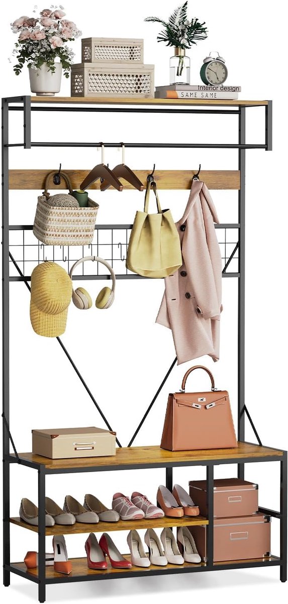 Triumpunpre 5-in-1 halboom met bankje – schoenenopbergruimte – verstelbare plank – kledingstang – 9 haken – moderne opbergstandaard – Houtkleur