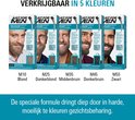 Vijf verpakkingen van Just For Men Snor en Baard Haarkleuring, elk met een voorbeeld van het resultaat op een man met een baard, in de kleuren M10 Blond tot M55 Zwart.