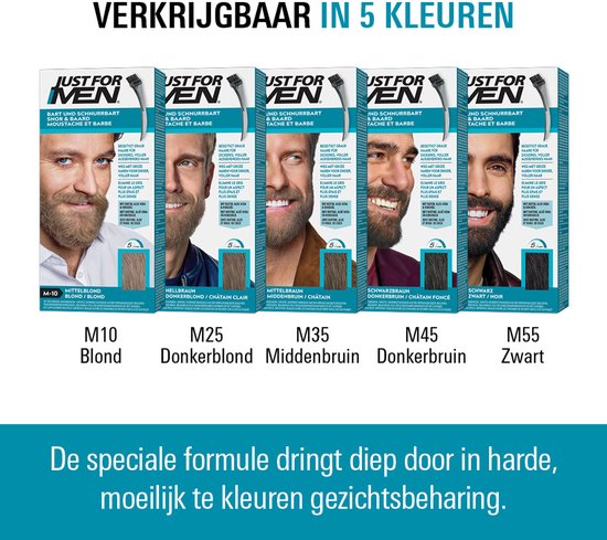Vijf verpakkingen van Just For Men Snor en Baard Haarkleuring, elk met een voorbeeld van het resultaat op een man met een baard, in de kleuren M10 Blond tot M55 Zwart.