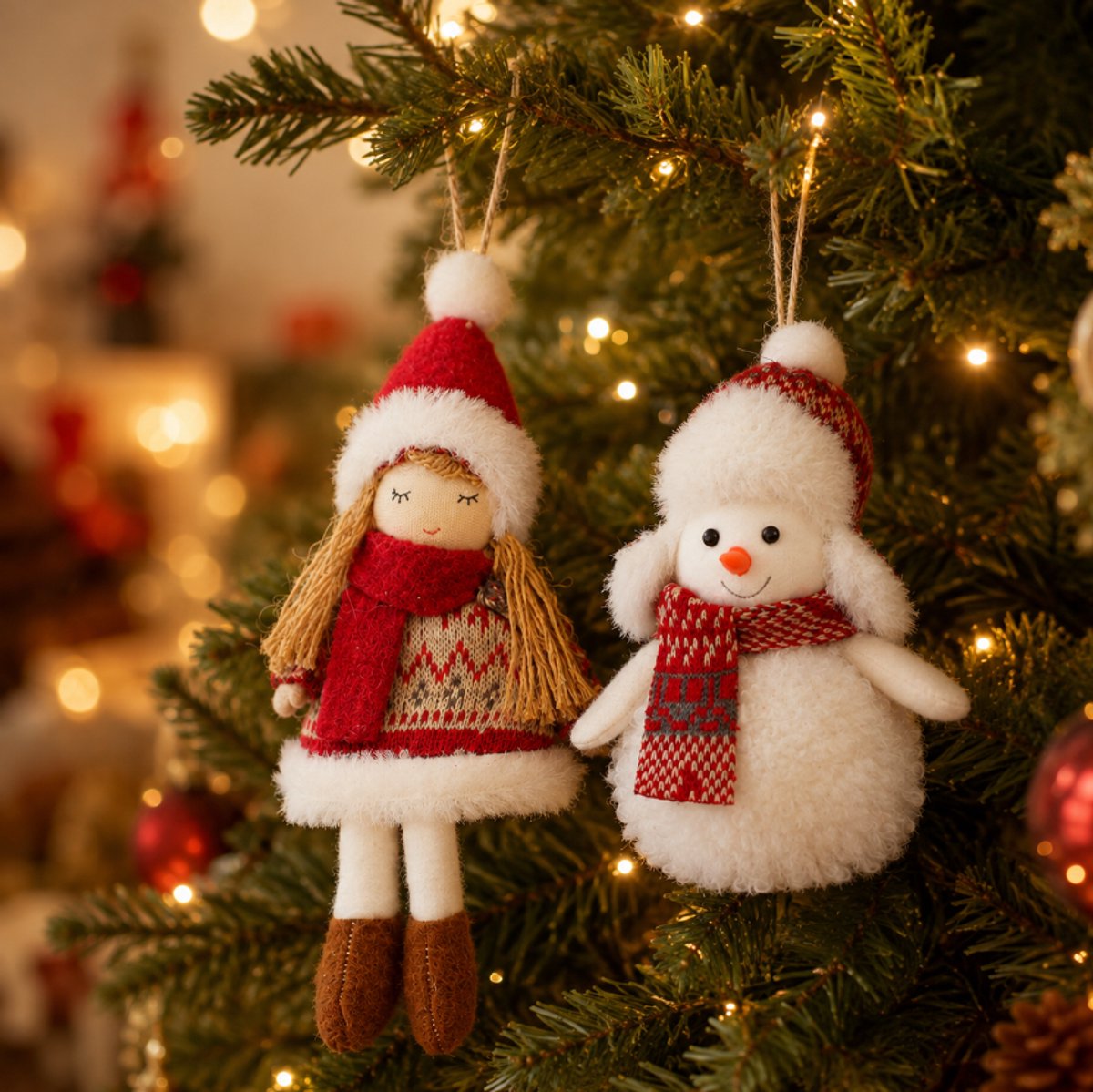 Kersthangers 2 Stuks - Meisje & Sneeuwpop Kerstfiguren - Zachte Kerstboom Hangers - Schattige Kerstdecoratie voor Kerstboom & Huis