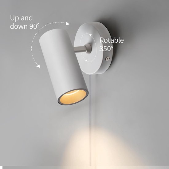 LED-wandlamp voor binnen met stekker en schakelaar, 350° draaibaar, dimbaar, leeslamp, moderne wandlamp van aluminium voor kantoor, woonkamer en slaapkamer (wit, 1 stuk) — afbeelding 4