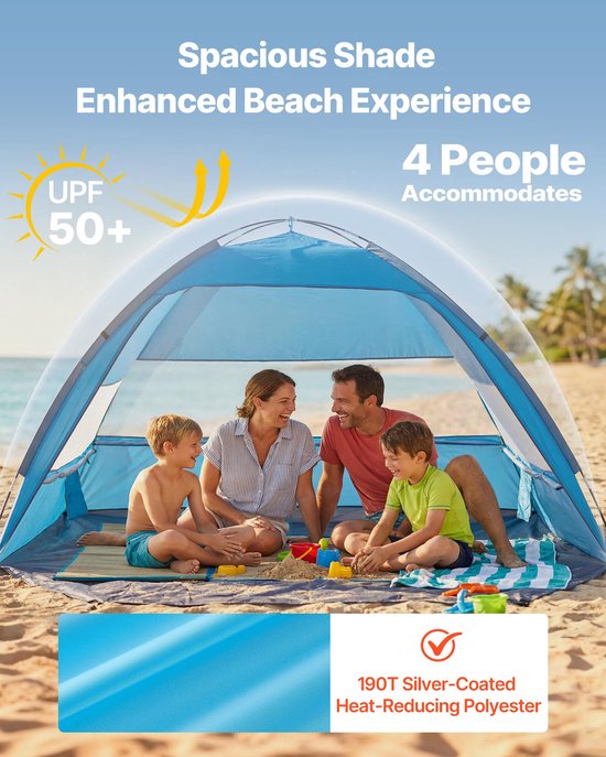 Strandtent/Zonnescherm voor 4 Personen, UPF 50+ Bescherming, Draagbare Tent met Draagtas en Grondankers, Lichtgewicht Parasol voor Kamperen, Vissen en Picknicken — afbeelding 4