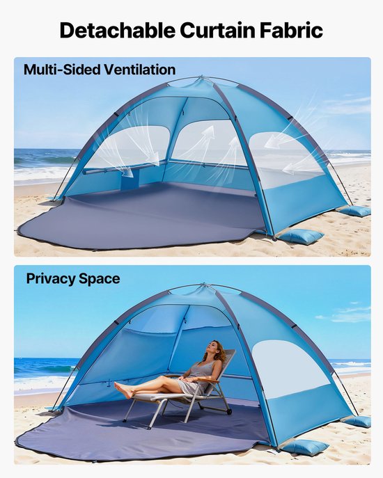 Strandtent/Zonnescherm voor 4 Personen, UPF 50+ Bescherming, Draagbare Tent met Draagtas en Grondankers, Lichtgewicht Parasol voor Kamperen, Vissen en Picknicken — afbeelding 5