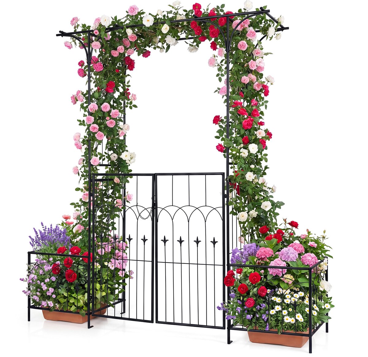 COSTWAY Rozenboog met Deur, Tuinboog Metaal, Poortboog met 2 Plantenbakken, Klimboog voor Klimplanten, Klimsteun Klimrek Rozenlatwerk, voor Bruiloften Feesten Tuin, Zwart, 200 x 56 x 206 cm