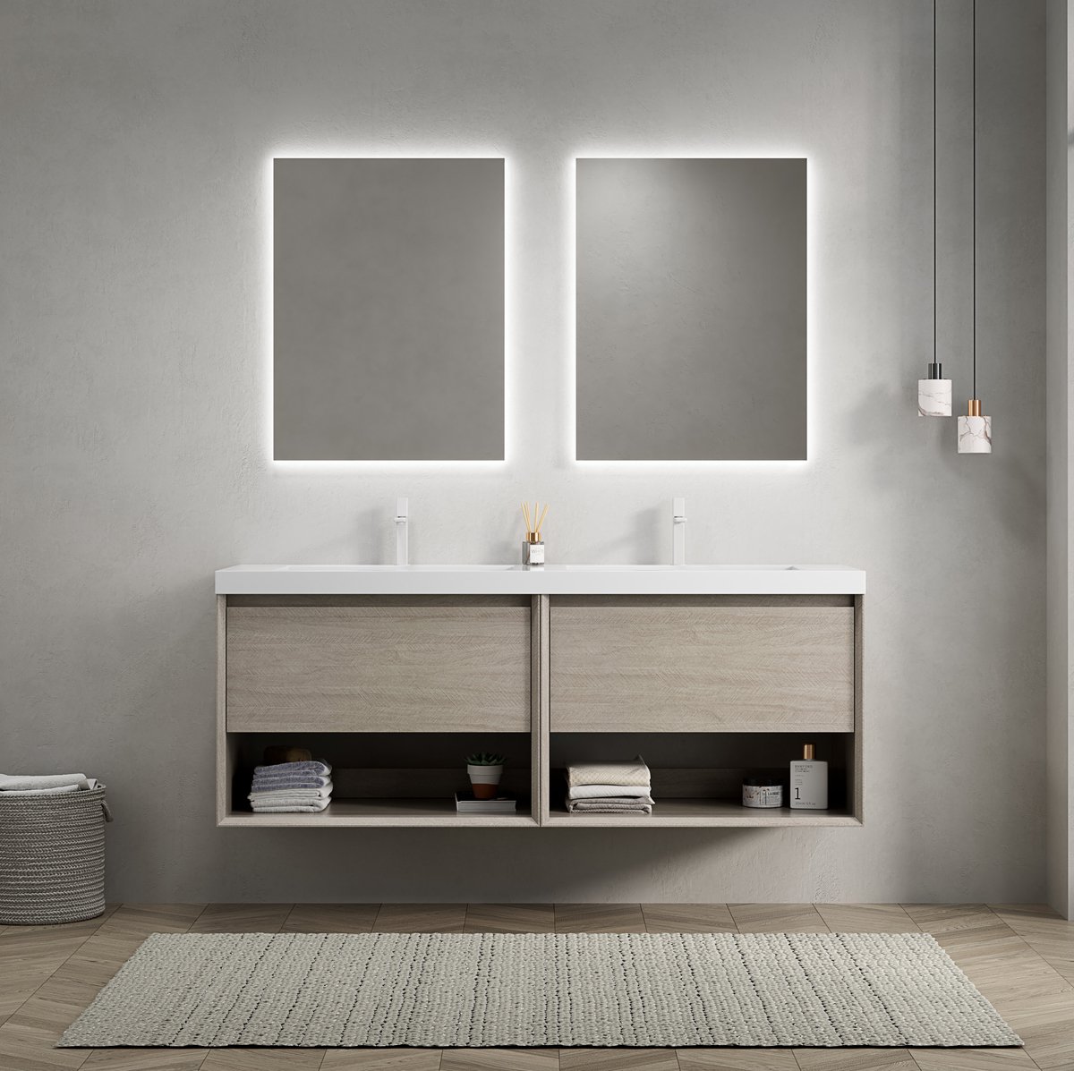 DESMIU Badkamermeubel - Wandhangend Met Dubbele Kunstharswastafel En 2 Lades - Badkamer - Multiplex - 140x46x60 Cm - Licht Eiken