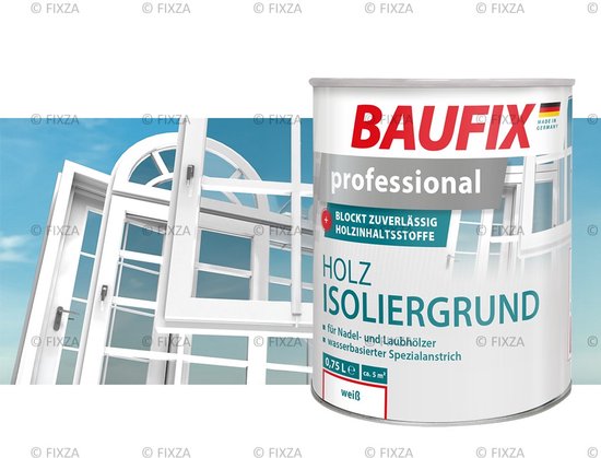 Blik BAUFIX professional HOLZ ISOLIERGRUND, 0,75 L, wit, voor naald- en loofhout, watergedragen, met witte ramen op de achtergrond.
