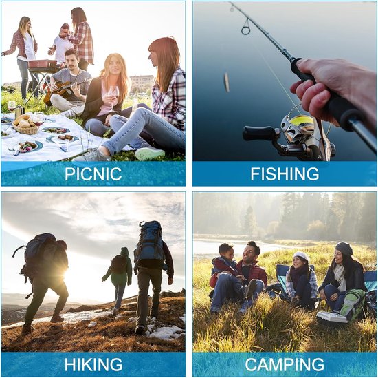 Vier collages van buitenactiviteiten: picknick, vissen, wandelen en kamperen.