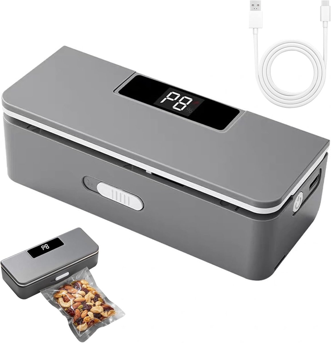 Mini Bag Sealer - 8 Warmtestanden - Dubbelzijdig sealen en snijden - Sterke magneet op de achterkant - Draagbare Heat Sealer - oplaadbaar - met LED-display - Chipzak Sealer - voor plastic zakken, tassen，snacks en voedselbewaring - Grijs