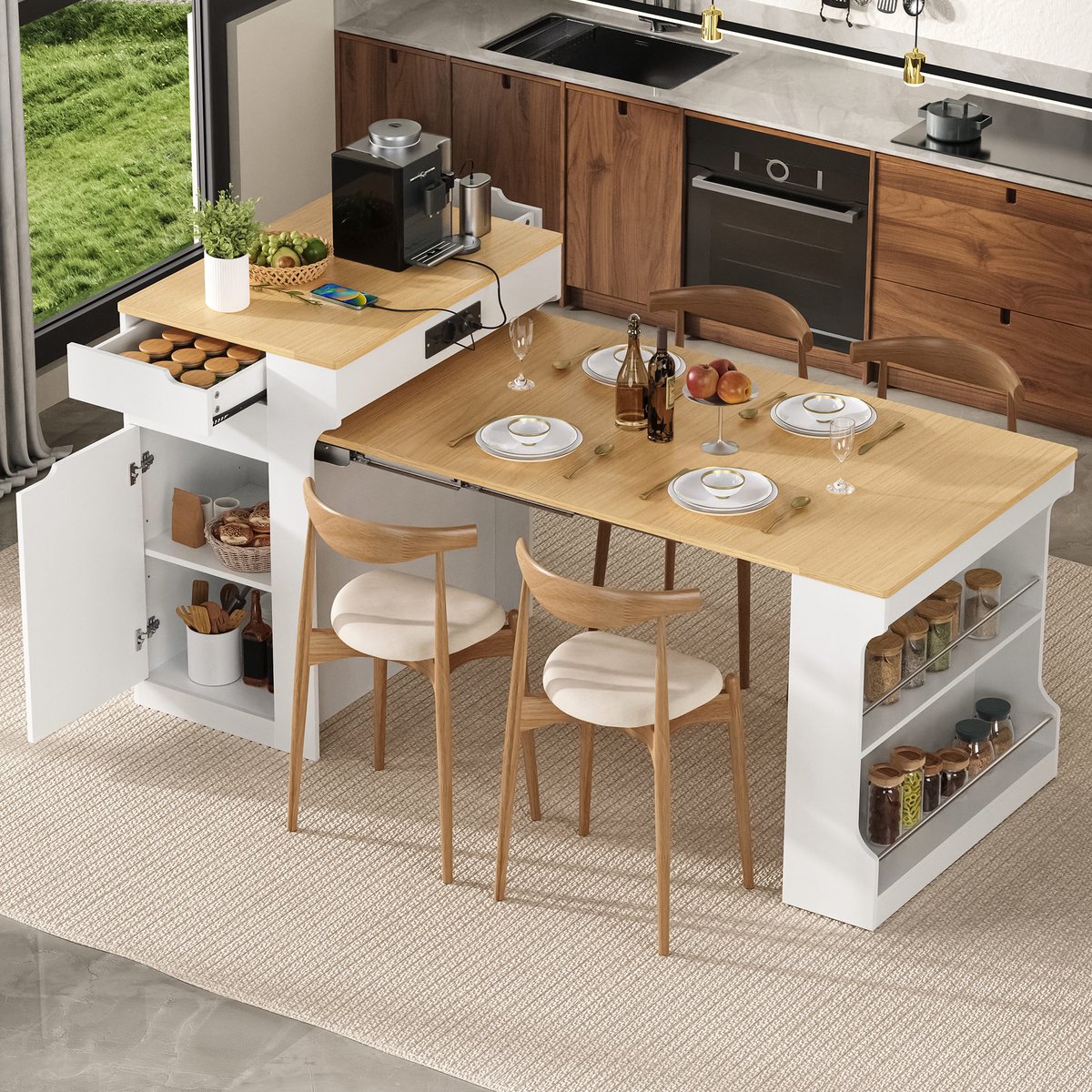 Clruro Keukeneiland - 153x80x93 cm - Verrijdbaar - Uitschuiftafel en 2 Laden - MDF - Wit