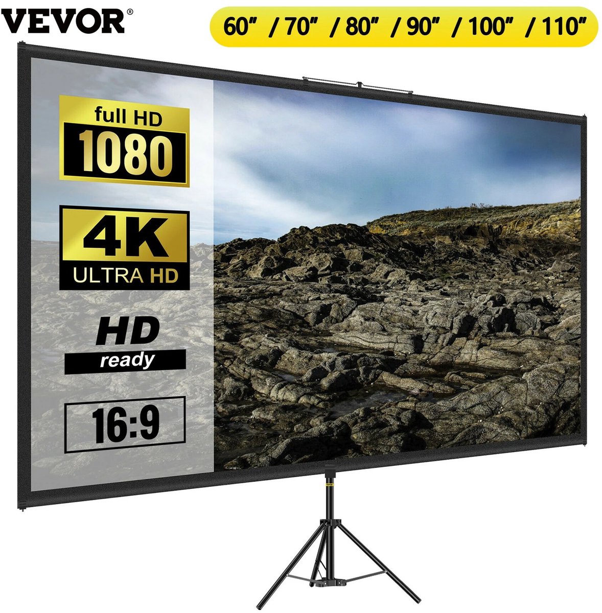 Prime Home Projectiescherm - Projectieschermen - Projectiescherm met statief - Beamer scherm uitrekbaar - Projectiedoek - Thuisbioscoop - Met statief - Verstelbare hoogte - 16:9 4K HD - 100 inch - Zwarte randen