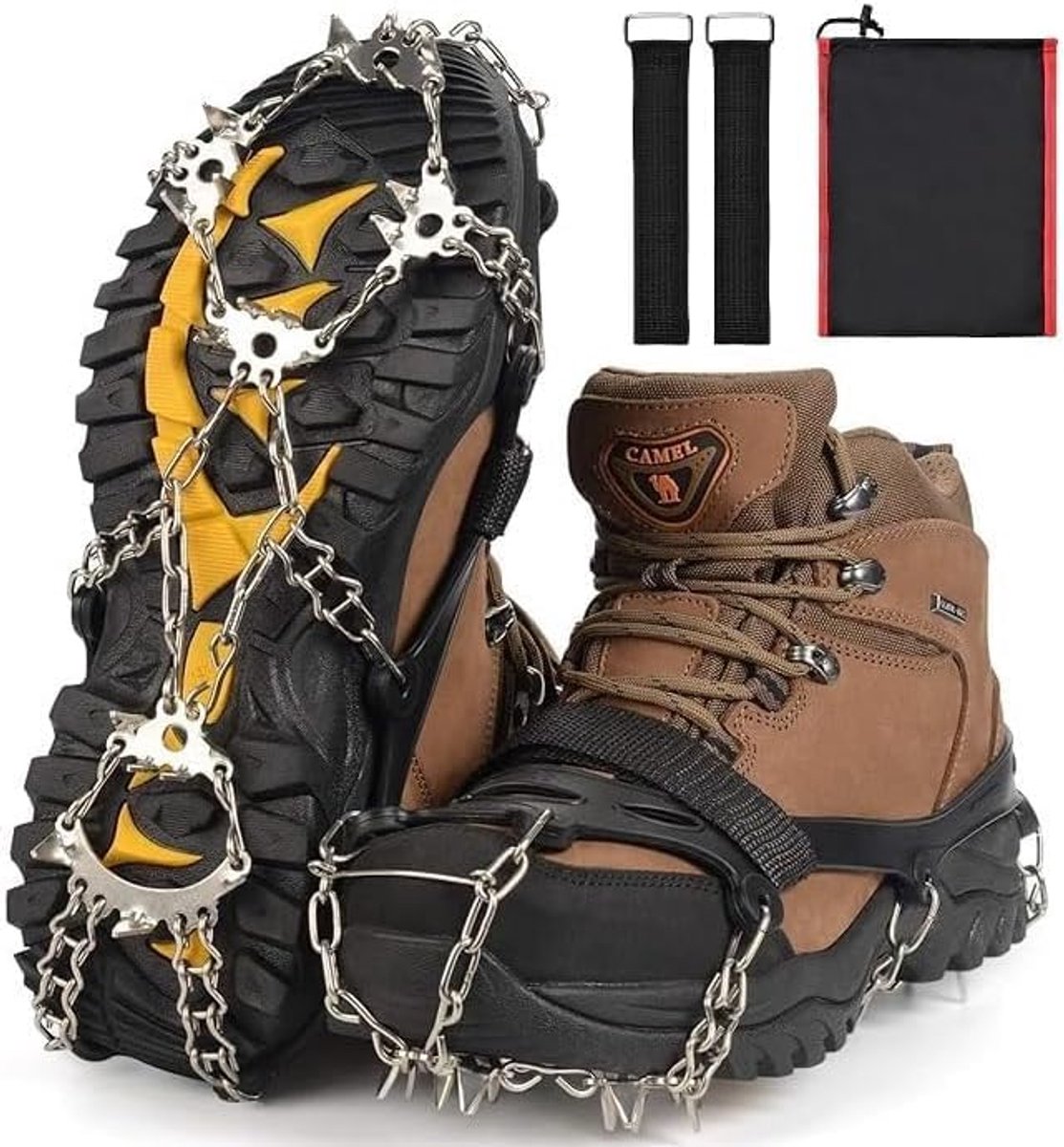 1 paar - Stijgijzers - Stijgijzers speciaal ontworpen voor wandelschoenen - Antislip en gemakkelijk aan te trekken - 24 tanden - Gelaste roestvrijstalen sneeuwkettingen - Geschikt voor wandelen, vissen, rotsklimmen en hiken - Maat L (40-43) - Zwart