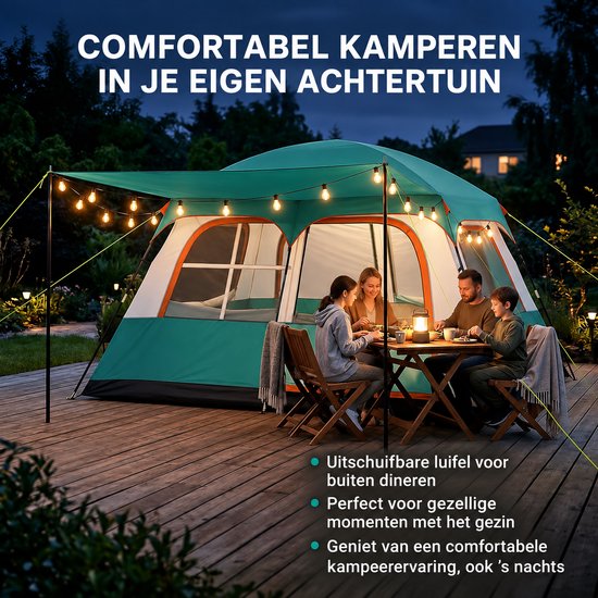 Blinxz.store – Ruime 4-6 Persoons Trekkerstent met 2 Slaapkamers en Luifel- campingtent - Groen - Tent 4-6 personen - Koepeltent — afbeelding 3