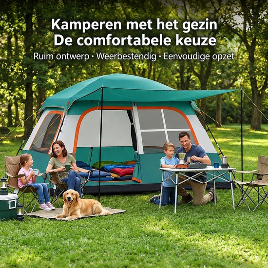 Blinxz.store – Ruime 4-6 Persoons Trekkerstent met 2 Slaapkamers en Luifel- campingtent - Groen - Tent 4-6 personen - Koepeltent — afbeelding 4