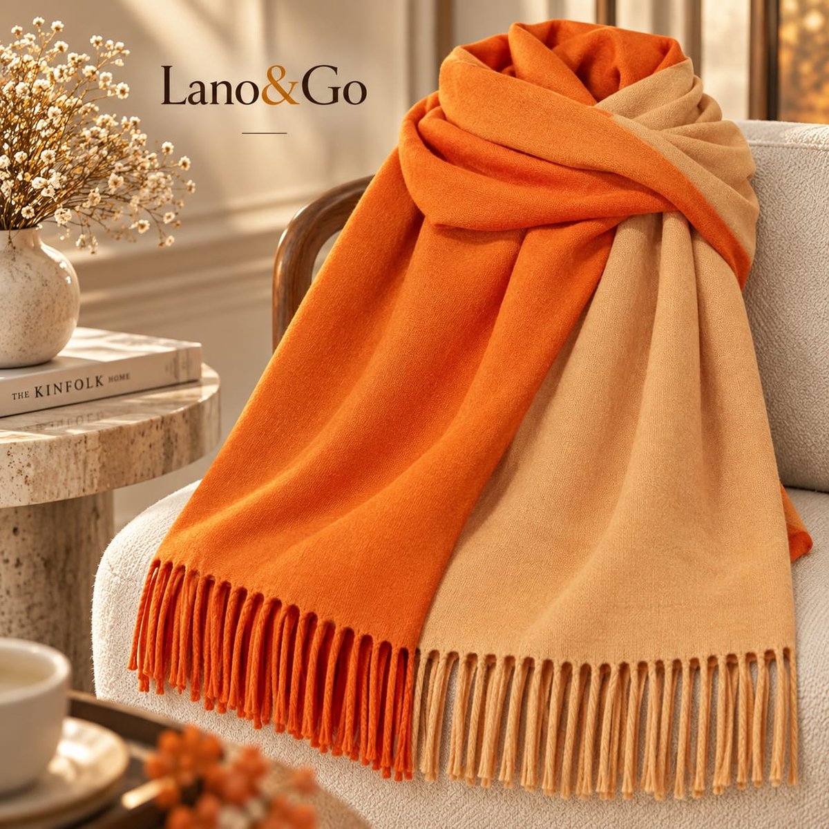 Lano&Go Dubbelzijdige sjaal voor dames, lange warme omslagdoek met franjes, effen oranje en beige